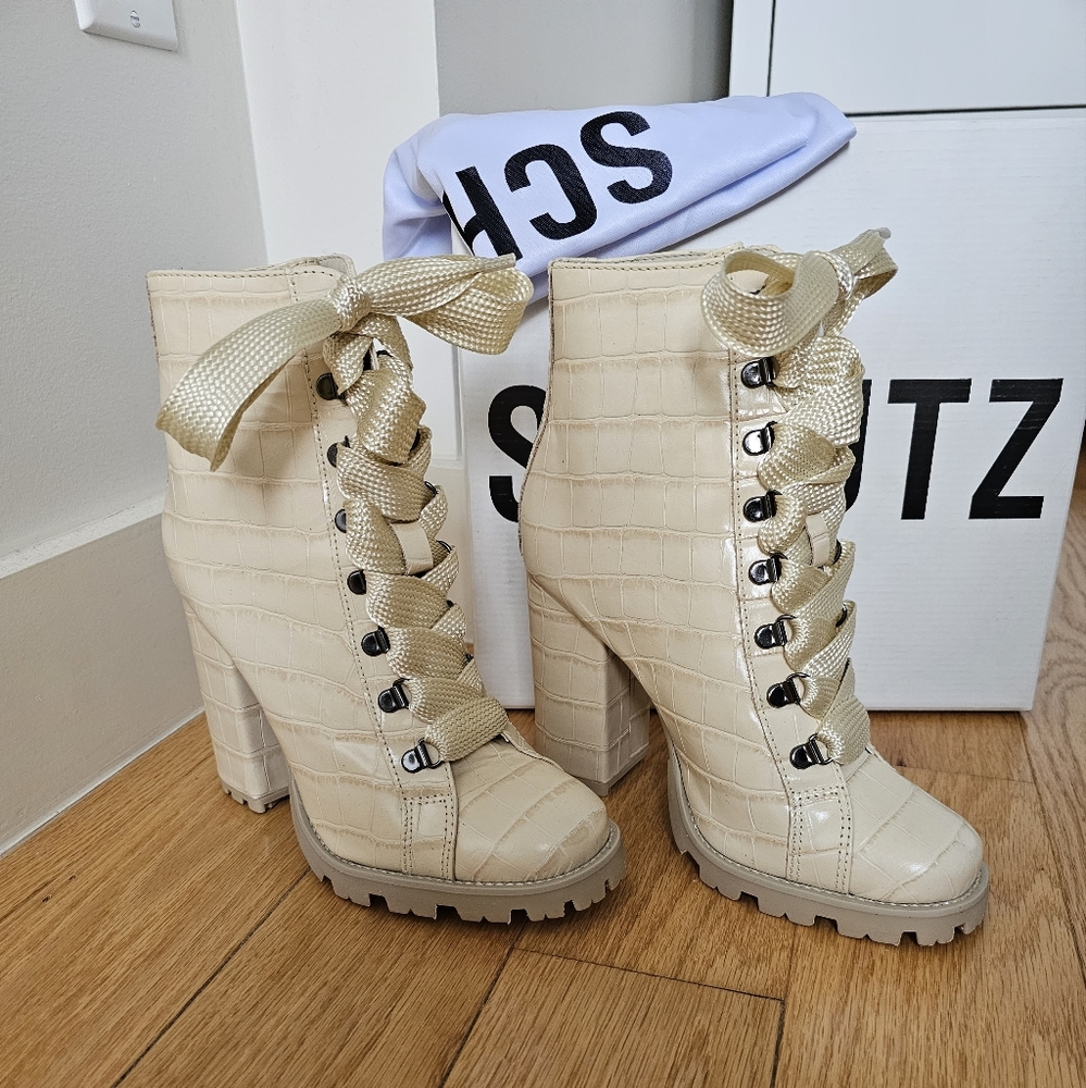 Schutz Zhara Crocodile-Embossed Leather Bootie in Eggsheell